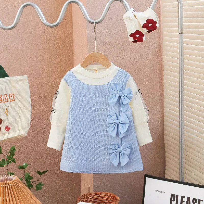 Girl's Dress 2024 Spring and Autumn New Girl's Bow Long sleeved Dress Baby Lace Casual Dress Birthday Party Performance Dress