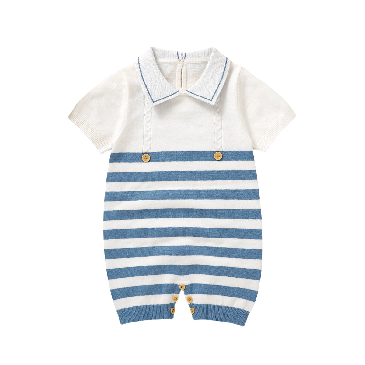 Baby romper with striped design and collar on a white background
