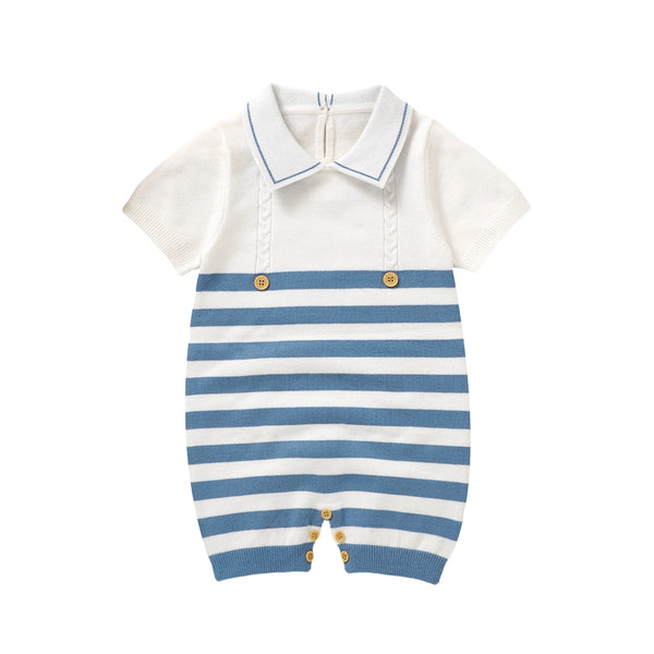 Baby romper with striped design and collar on a white background