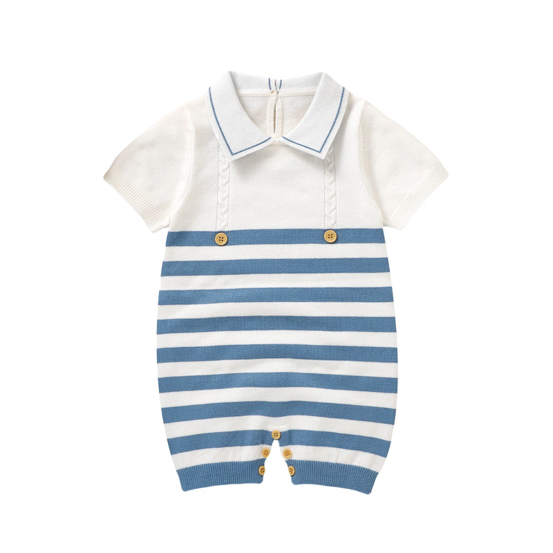 Baby romper with striped design and collar on a white background