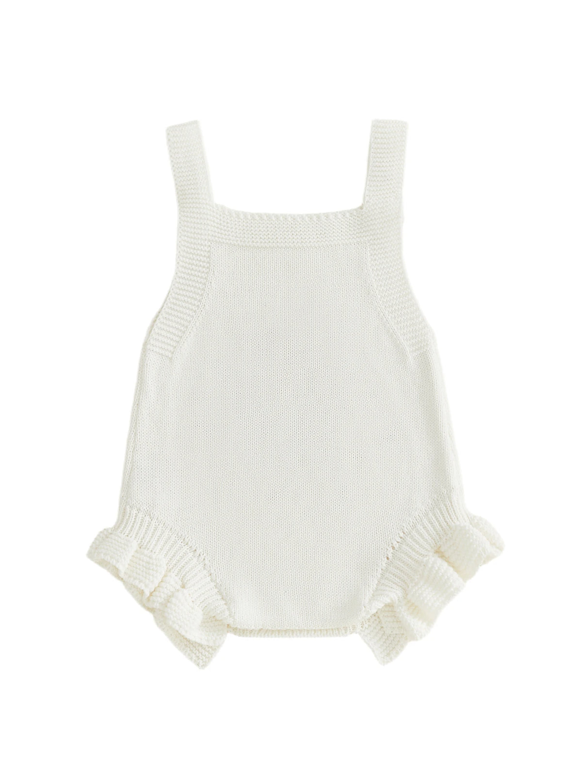 Cream knit sleeveless baby romper with two straps and ruffled leg cuffs.