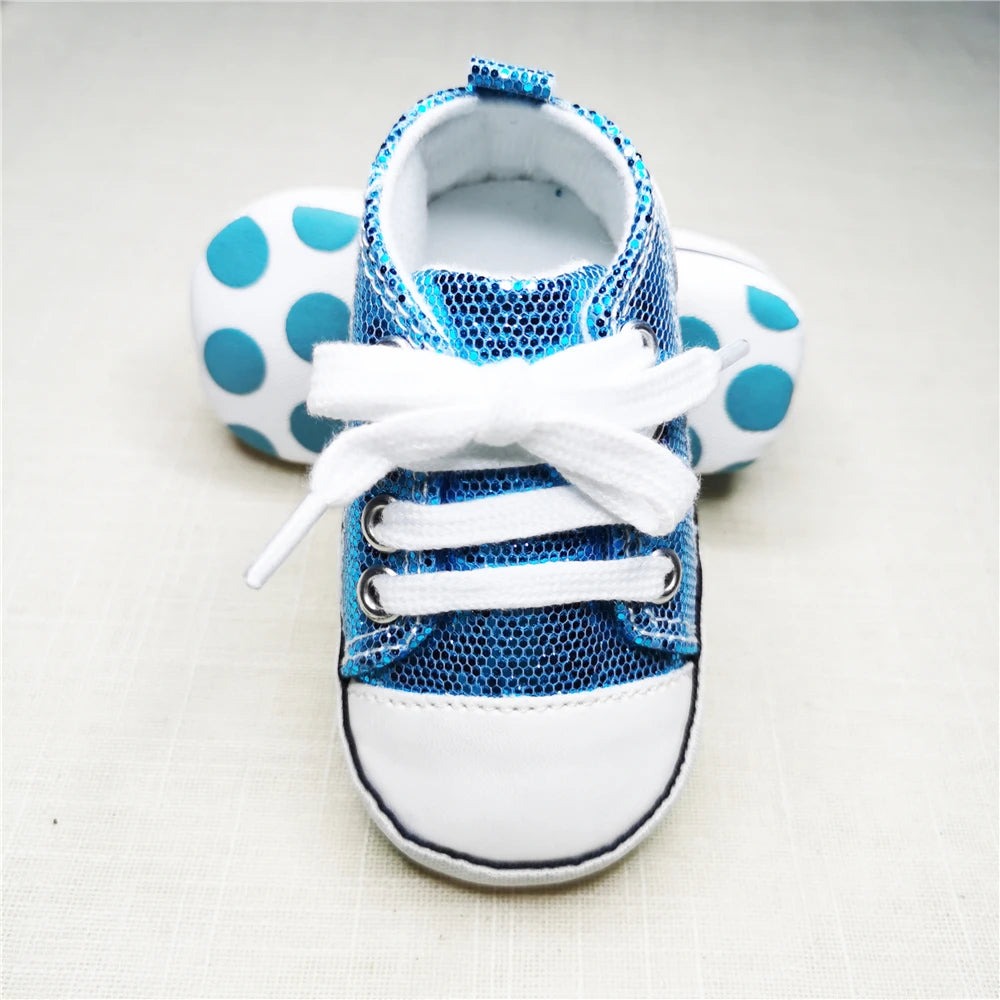 Baby's Canvas Lace-up First Walkers in Shimmering Boca Blue, perfect for early steps with flexible cork sole and breathable canvas.