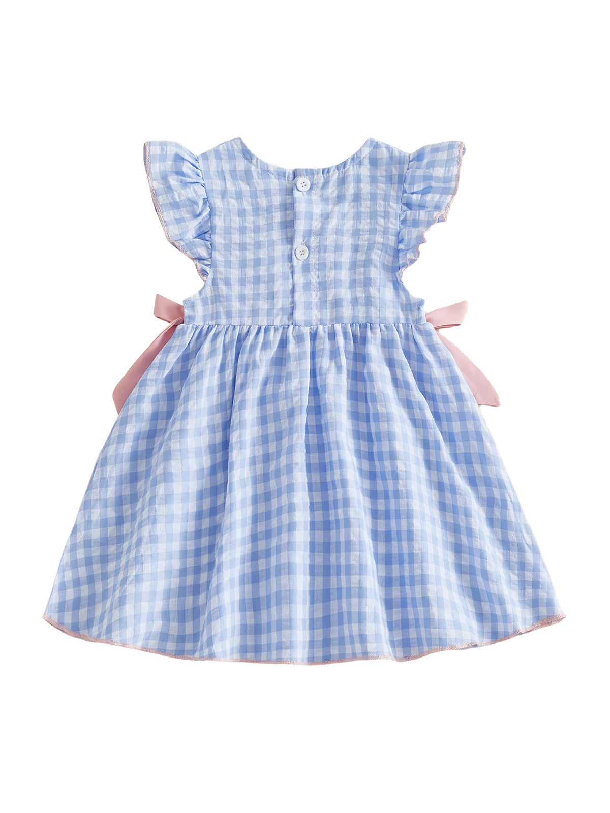 Frilly Bunnies Embroidered Dress Boca Blue gingham with pink side bows knee-length for ages 12 months to 5 years