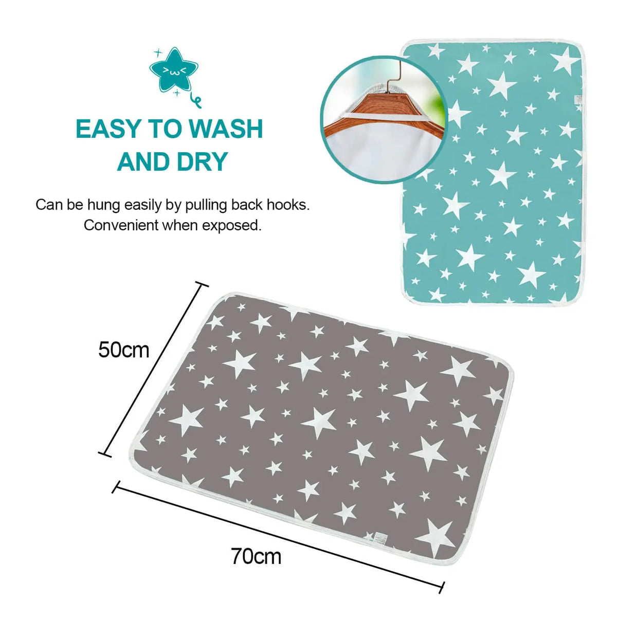 Childrens waterproof changing pad in cute star prints, teal and gray, 50x70 cm cotton cover.