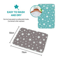 Childrens waterproof changing pad in cute star prints, teal and gray, 50x70 cm cotton cover.