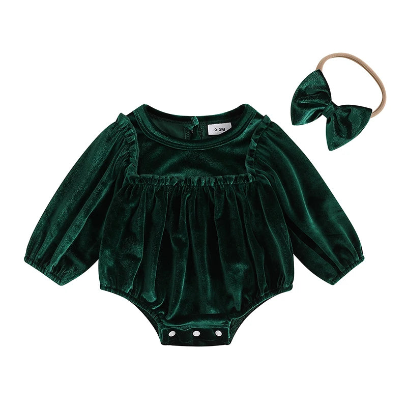 Charming green Velvet and Frills Holiday Baby Bubble featuring frilly accents and a cute bow, ideal for special festive moments.