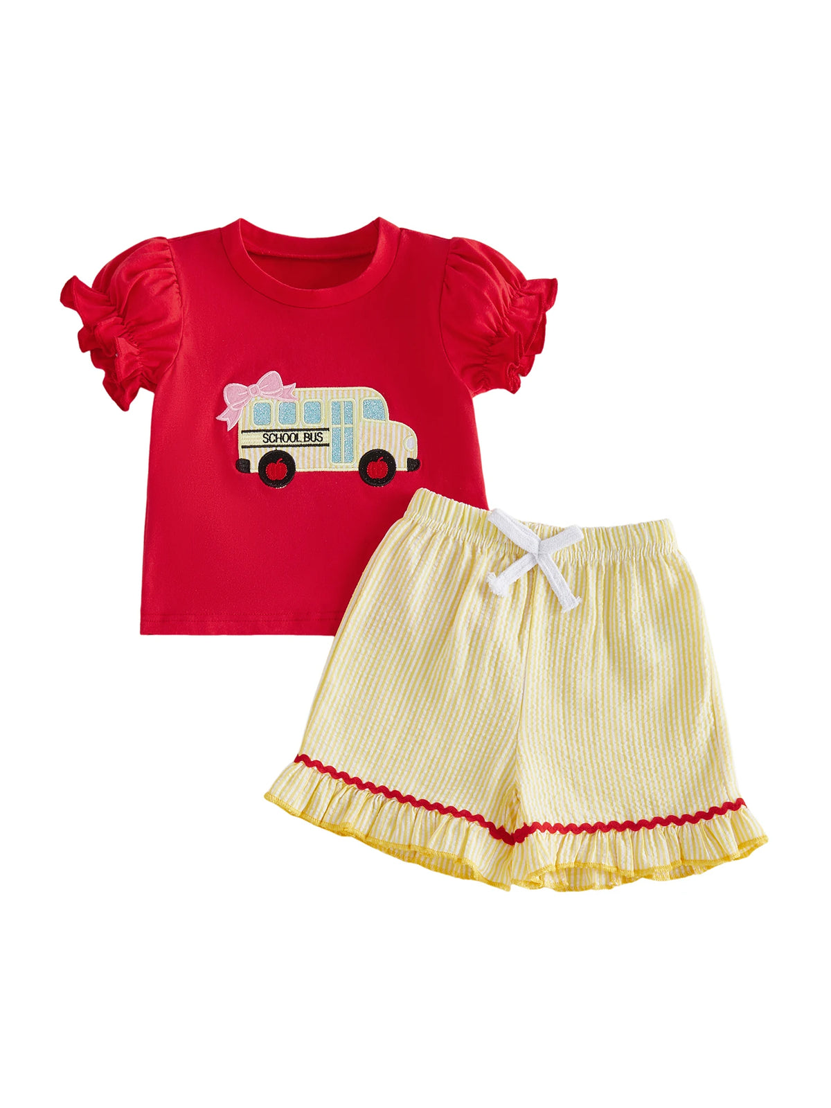 Red puff-sleeve top with school bus embroidery and yellow striped seersucker shorts with ruffle hem for toddler girls