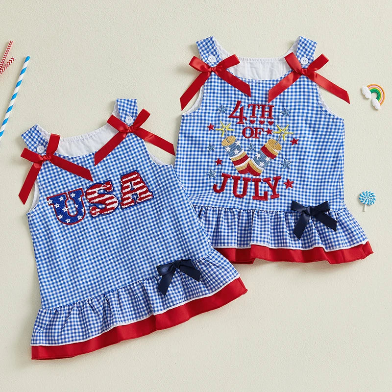 Two exclusive 'Patriotic Sweet' red white blue dresses for little girls, featuring checker patterns with playful embroidery. Perfect for festive celebrations.