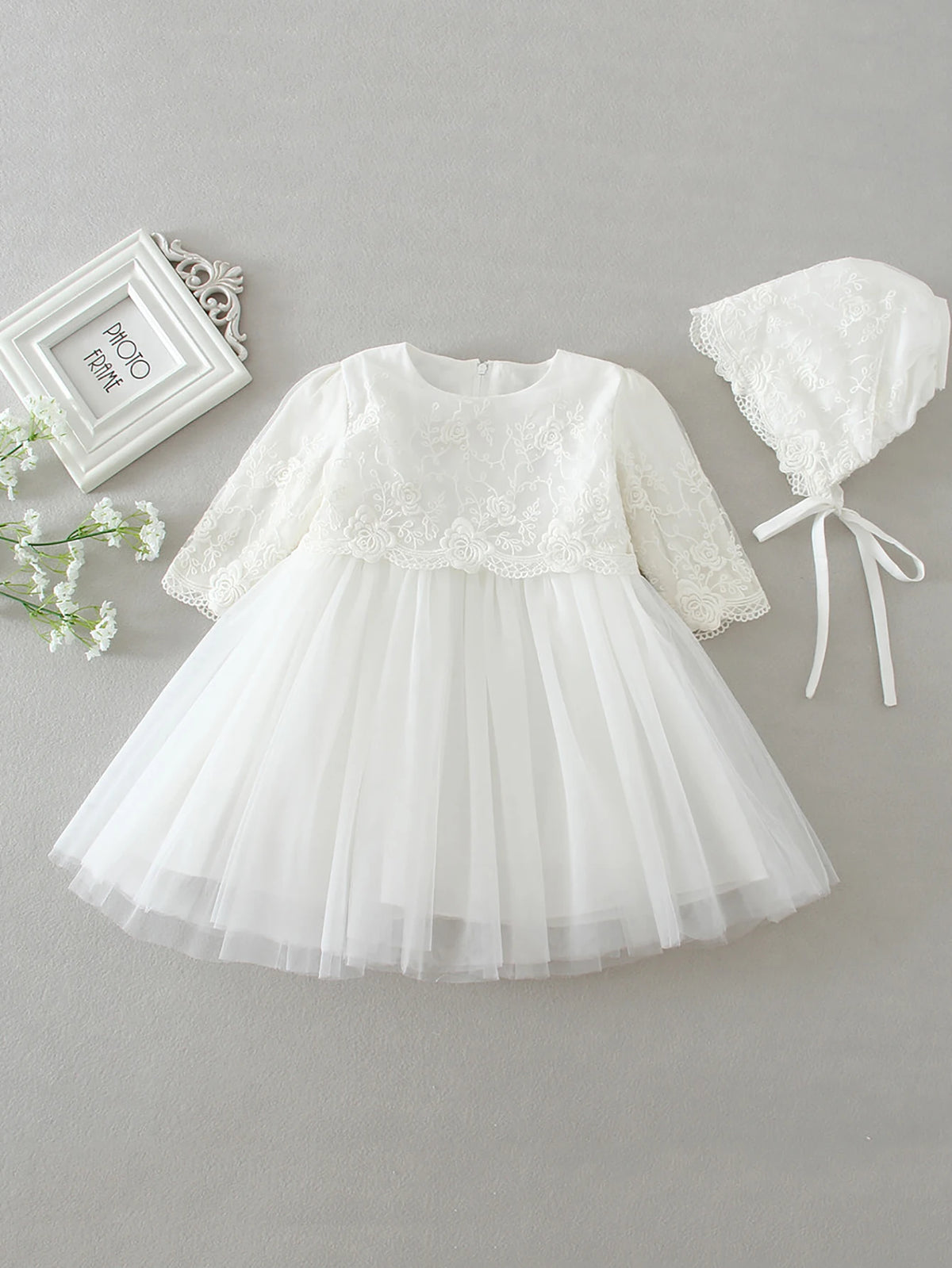 Emily White Lace Special Occasion Dress & Bonnet - The Palm Beach Baby Estimated 12 - 19 Day Shipping