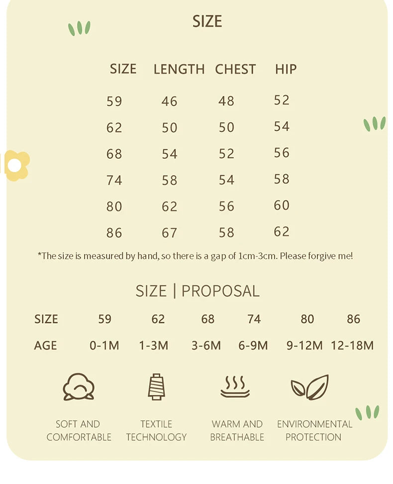 Size chart for the Little Bow Peep Crocheted Knit Baby Romper, showcasing measurements to find the perfect fit for a knit baby outfit.