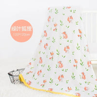 White 2-layer bamboo cotton baby blanket with orange fox and green leaf print, yellow trim, 120x120 cm, newborn swaddle.