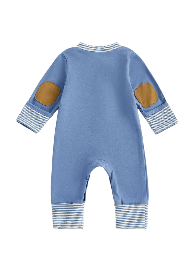 Back view of the Hudson Button-Down Stripe Romper in blue, illustrating the unique elbow patches and stylish ribbed cuffs, ideal for any season.