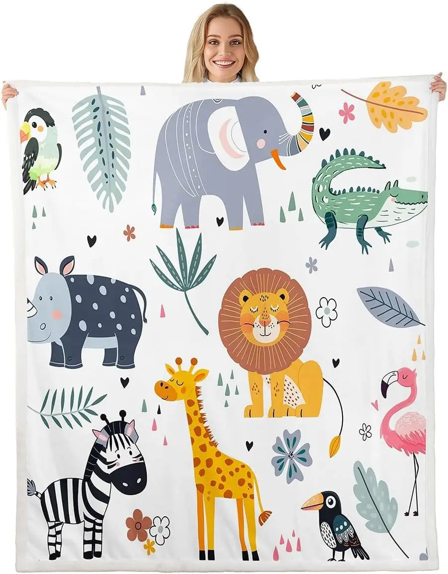 Jungle Rumble double-sided children's blanket Spring/Fall with colorful elephants, lions, giraffes, zebras.