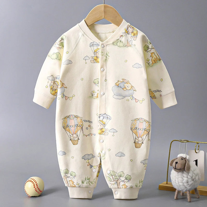 Adorable 'Little Bear And Rabbit' baby print romper in cotton featuring charming illustrations of bears and a rabbit in a hot air balloon, designed for infants aged 6 to 18 months.
