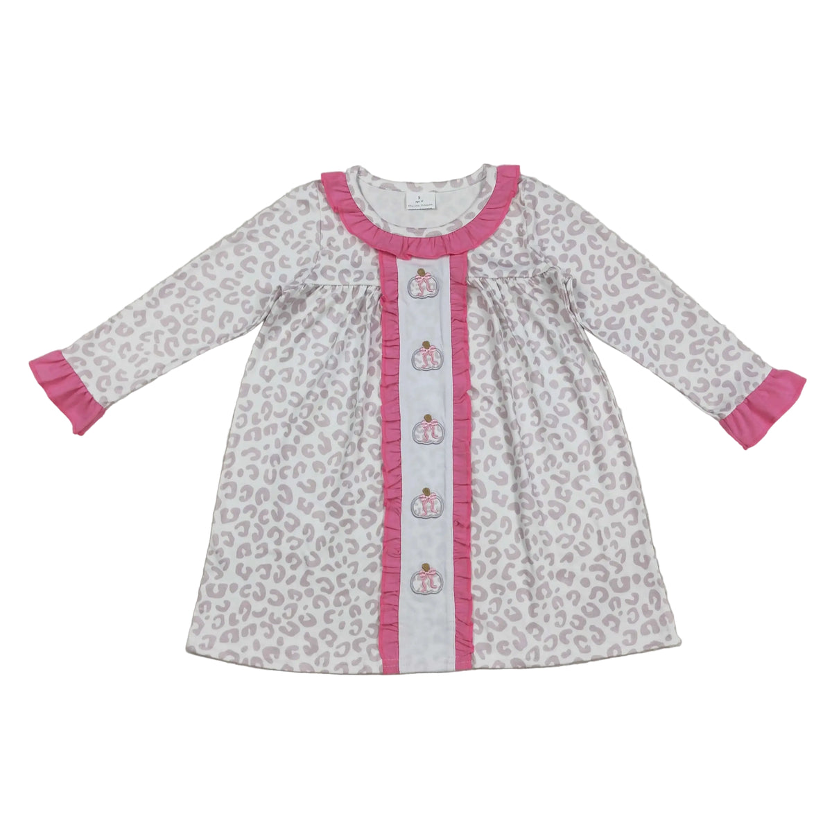 Pink leopard print A-line dress with long sleeves, pink ruffled collar, and embroidered pumpkin appliqué down the front center.