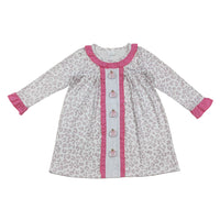 Pink leopard print A-line dress with long sleeves, pink ruffled collar, and embroidered pumpkin appliqué down the front center.