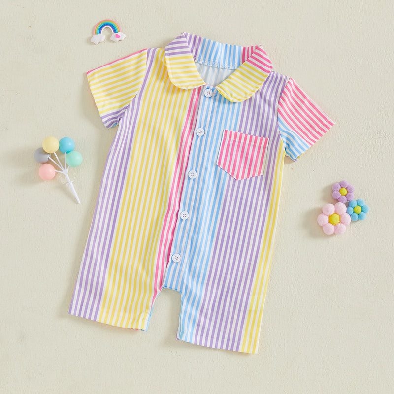 "Ryan" Adorable Striped Romper in vibrant colors featuring a button-front, round neckline, and a pocket, perfect for babies aged 0-12 months.
