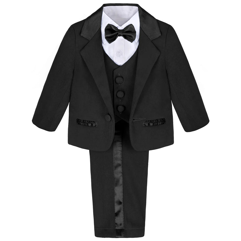 Classic black Hudson Boys' Tuxedo Set, including a jacket, vest with buttons, and pants, perfect for formal occasions.