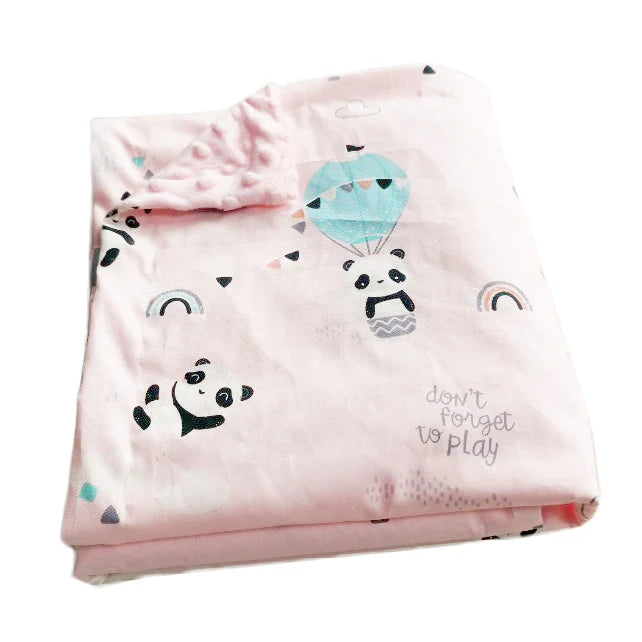 Pink dotted minky blanket with panda, rainbow and hot air balloon prints, 100 x 75cm for babies and young children.