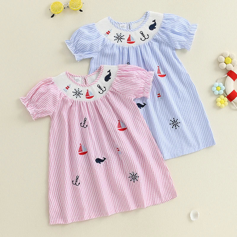 "Seersucker Sailing" Smocked Striped Dress