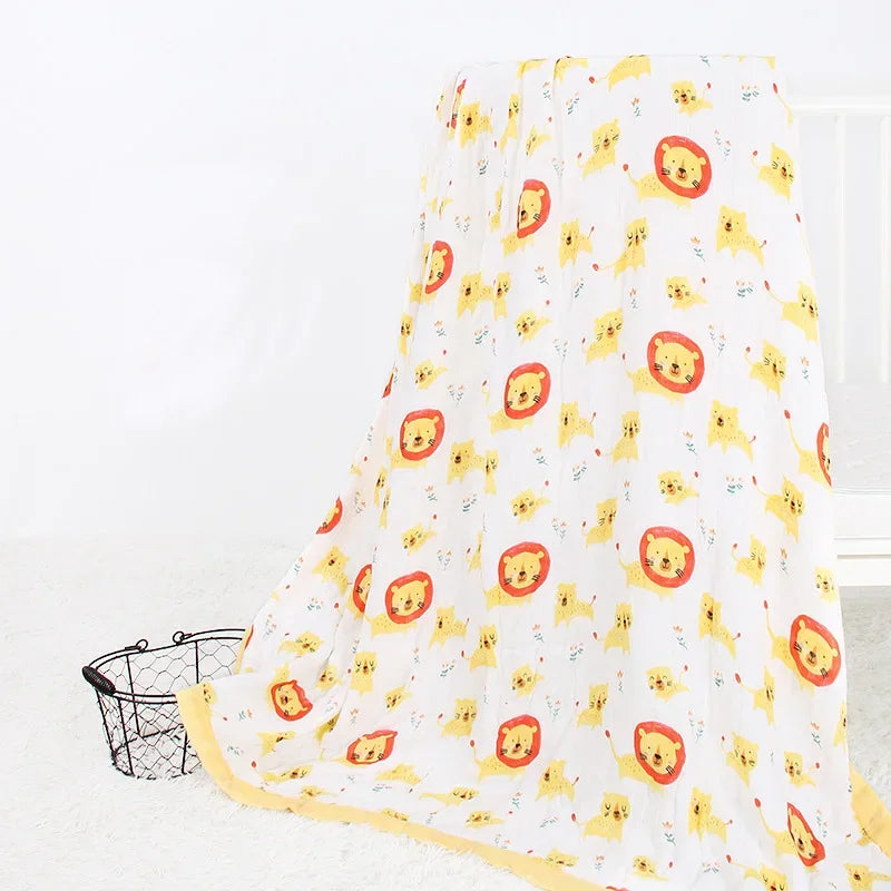 Two-layer bamboo cotton newborn swaddle blanket with lion print on white.