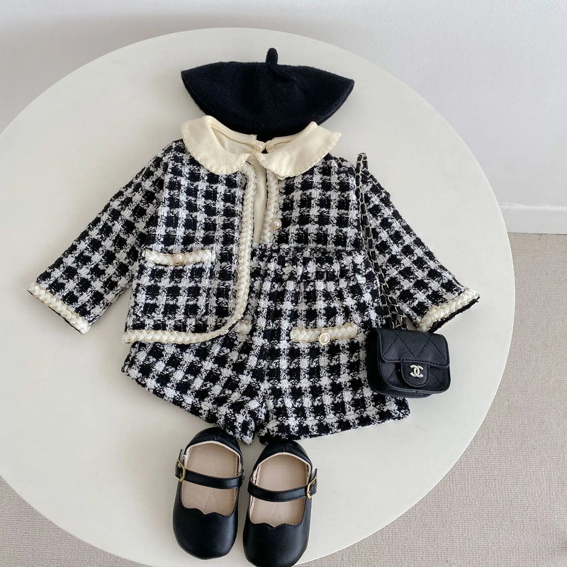 Chic Two-Piece Tweed Shorts and Coat Set - Black and White