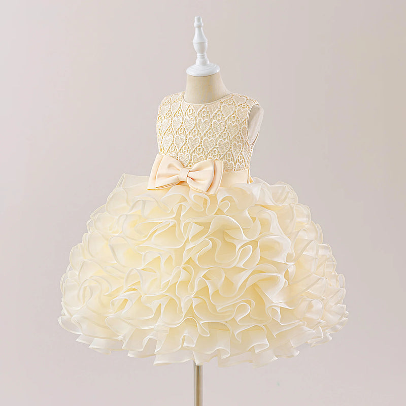 Soft cream 'Evengaline' Tulle Tiered Dress for Girls, featuring luxurious ruffles and a charming lace bodice, perfect for events.