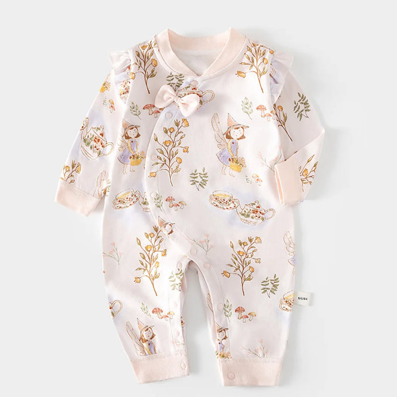 Frills and Fleurs Baby Rompers adorned with a whimsical fairy print in pastel pink, made from soft cotton for all-day wear.