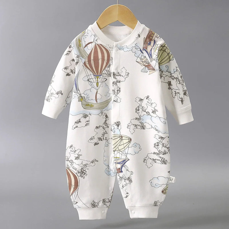 Up And Away Balloon-Print Cotton Romper featuring a charming hot-air balloon print, designed for babies aged 6 to 18 months, made from ultra-soft cotton.