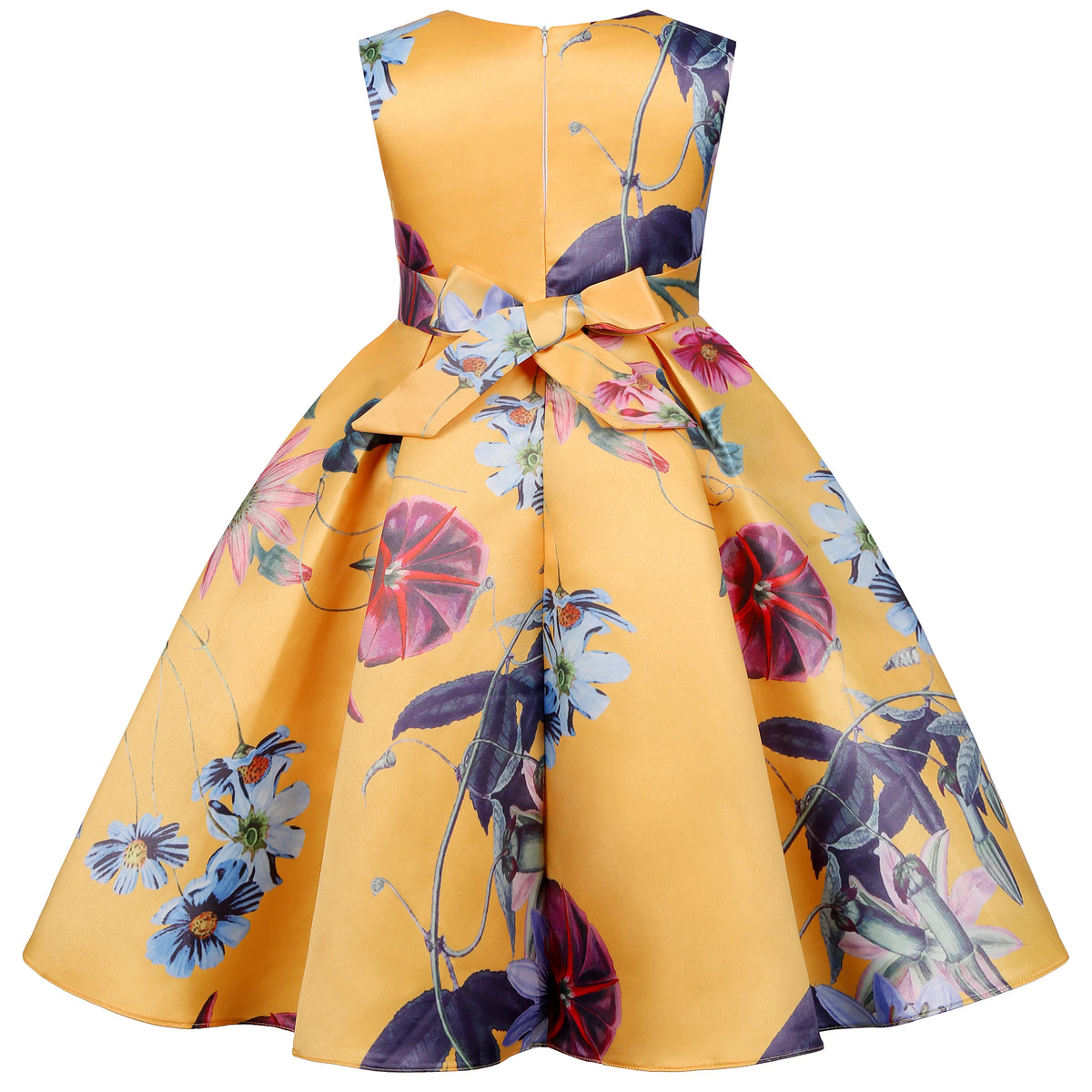 Yellow tropical garden party dress for girls with six-color floral print, sleeveless, bow at waist, mid-calf length.