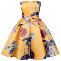 Yellow tropical garden party dress for girls with six-color floral print, sleeveless, bow at waist, mid-calf length.