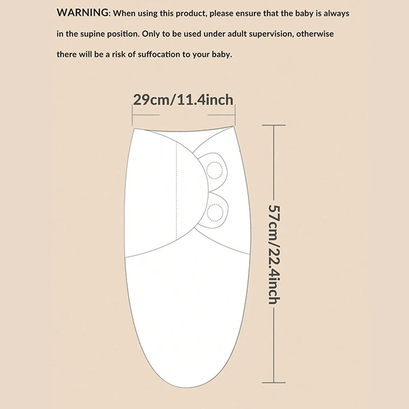 Important warning and sizing details for the Cozy Baby Swaddle, emphasizing safety and fit for newborns.