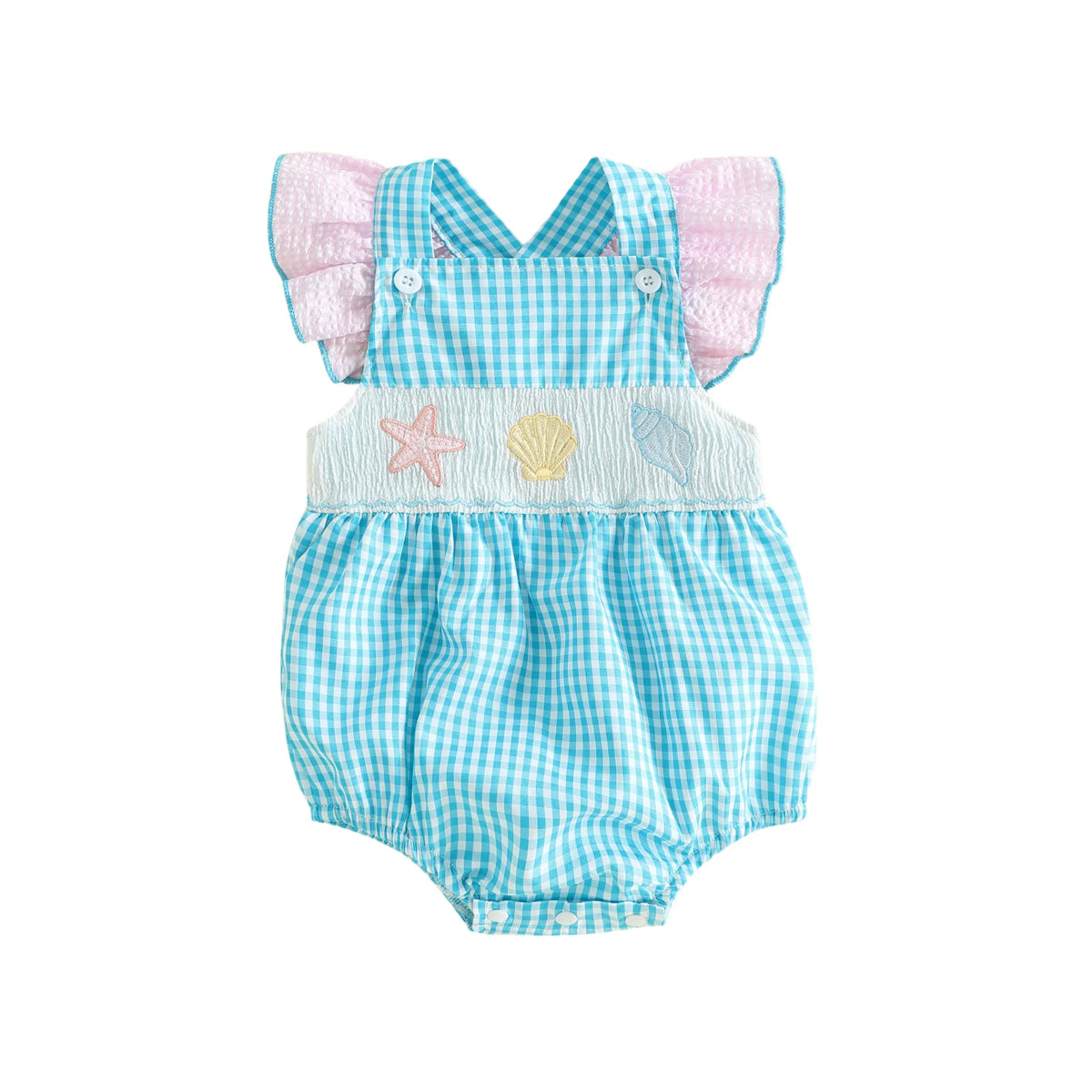 Take Me Out To The Seashore Romper for Baby to Toddler in blue gingham with pink flutter sleeves, seashell embroidery.