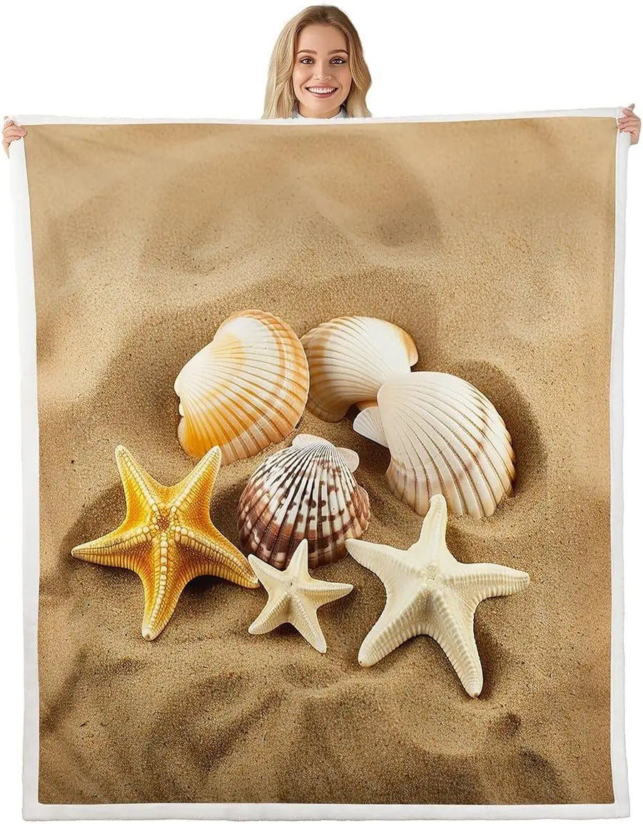 Jungle Rumble double-sided children's blanket Spring/Fall with beach shells on sand design.