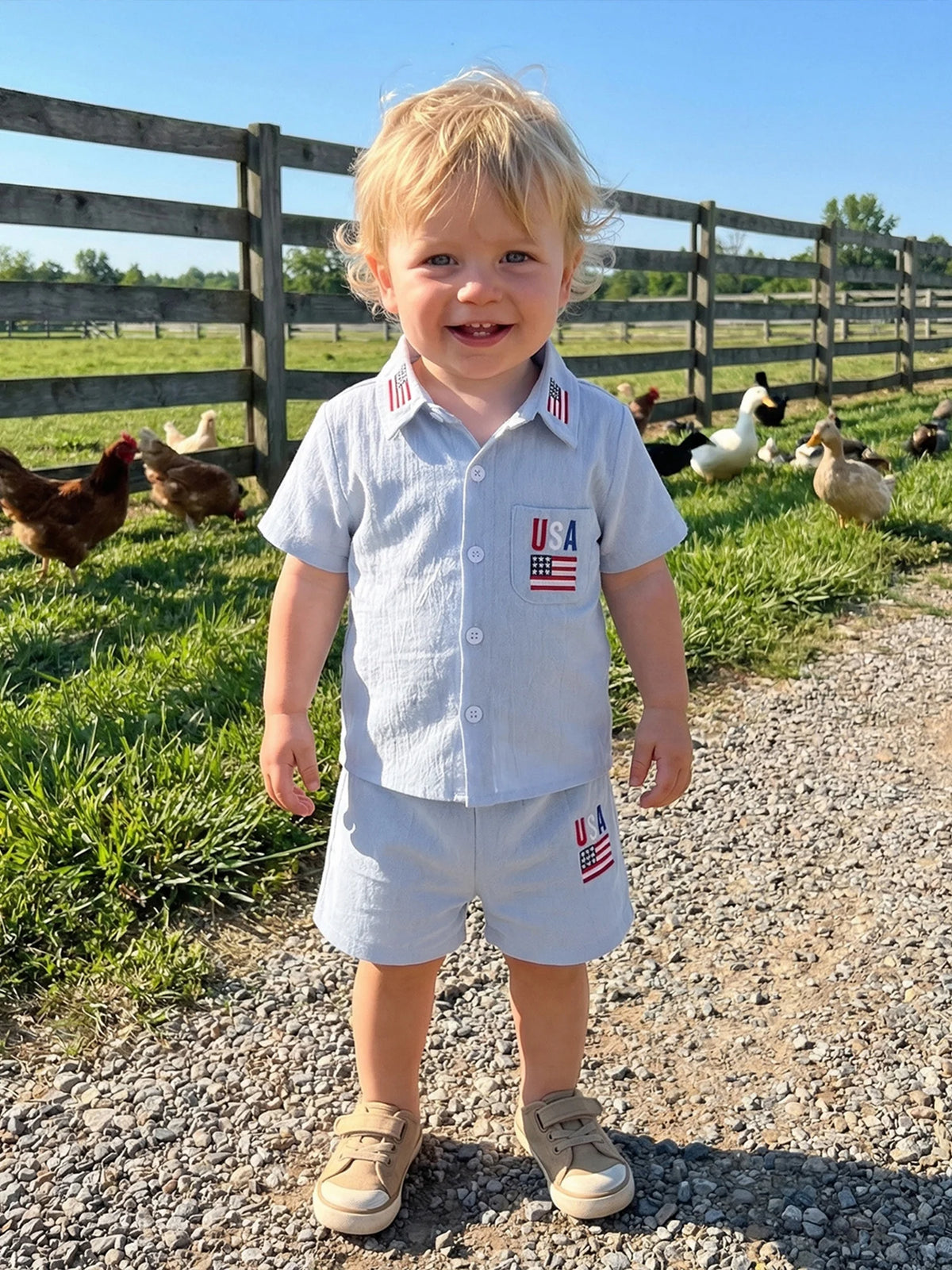 Patriotic Cutie Short Sleeve Shirt & Elastic Waistband Boys Shorts Set - The Palm Beach Baby Estimated 10 - 18 Day Delivery