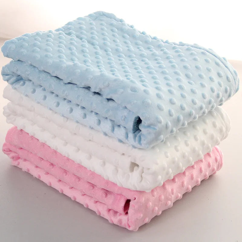 Set of three pastel baby fleece blankets in blue, white, and pink; solid, 100×70 cm, four-season, soft and warm for 0-3 years.