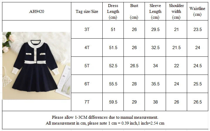 Size chart for Chic Melinda Knit Dress, showing measurements for different sizes including dress length, bust, and waistline.