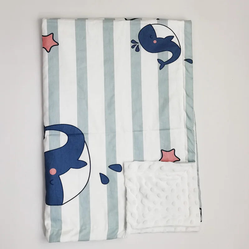 Soft Minky baby blanket with blue whale and star print on white and teal stripes. Ultra-soft, 100x75cm comfort for infants and toddlers.