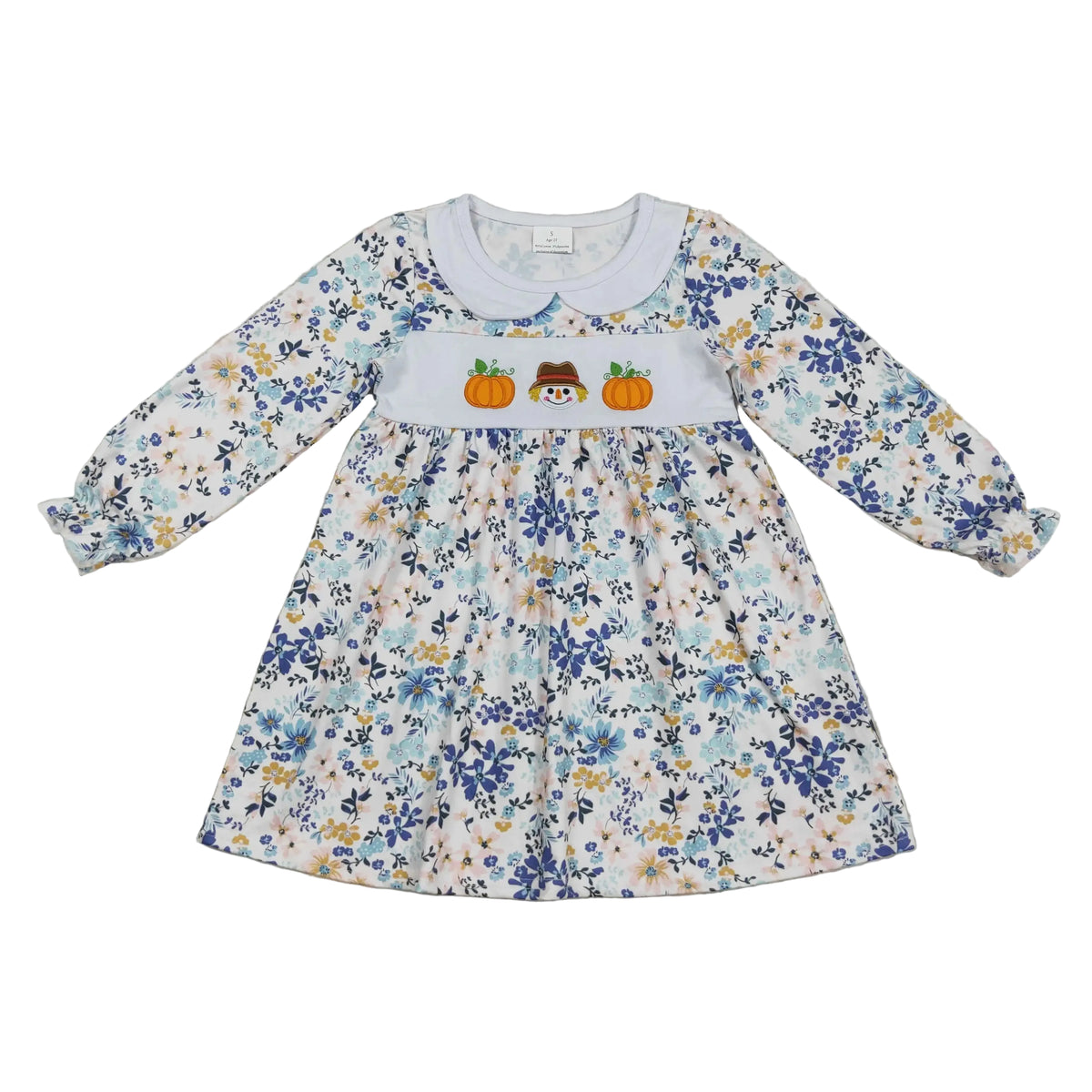 Floral long sleeve A-line dress with Peter Pan collar. Embroidered pumpkin and scarecrow detail on chest band. Festive fall outfit for toddlers.