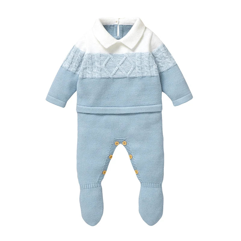 Baby Corey Knit Footed Romper in sky blue, with visible button fastening at the legs, perfect for easy outfit changes.