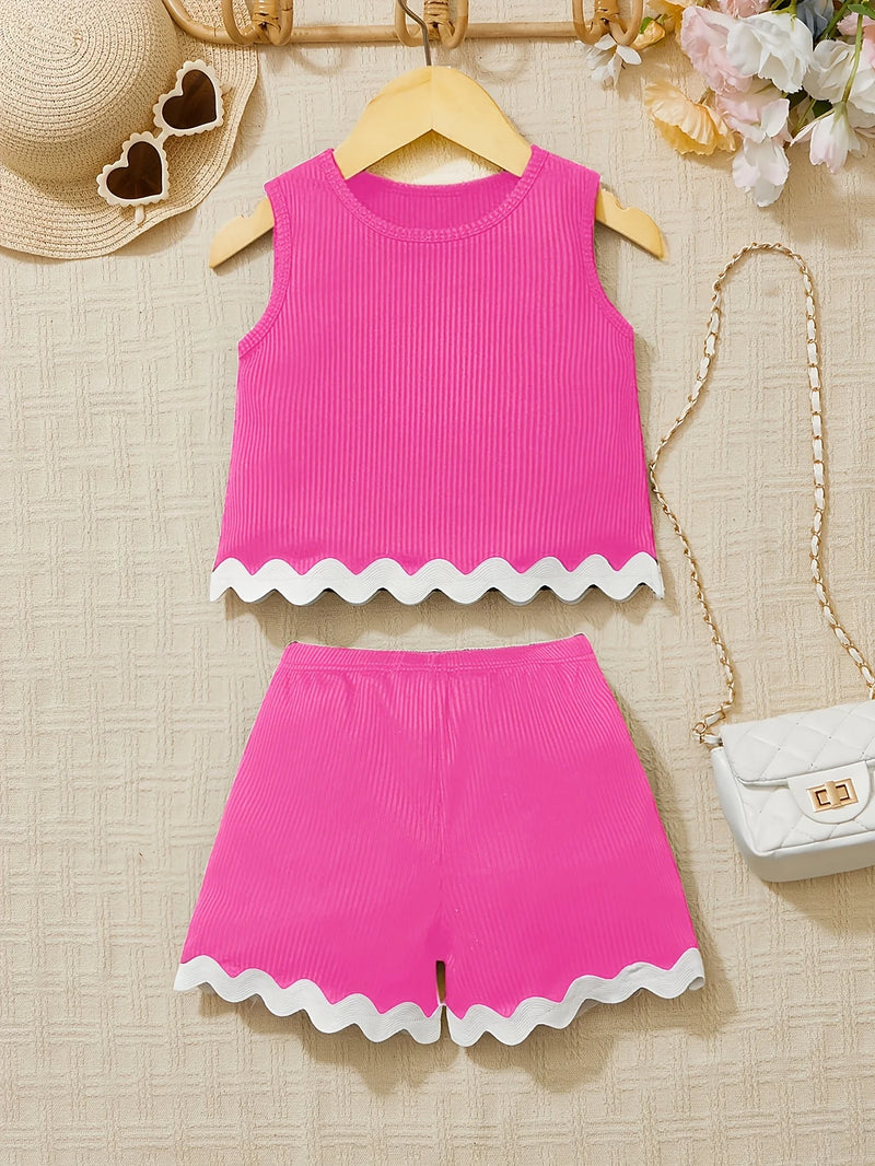 Vibrant oleander pink Chic Pamela Ann 2 PC Girls Shorts Set including a sleeveless top and matching shorts, perfect for summer fun.