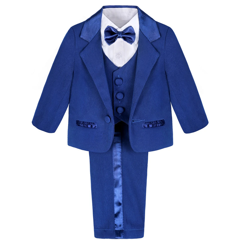 Elegant blue Hudson Boys' Tuxedo Set showcasing a jacket, vest, bow tie, and pants for a sophisticated look on little gentlemen.