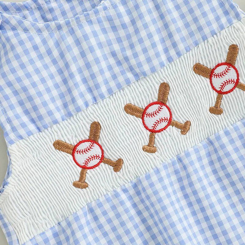 Close-up of the "Ball Four" checked bubble romper featuring embroidered baseballs in blue color, perfect for summer adventures.