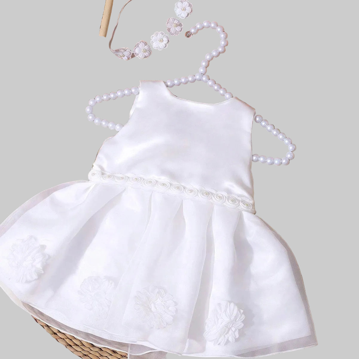 Lara Elegant Infant Dress set: white satin 2-piece with big bow, beaded headband, tulle overskirt, floral waist trim.