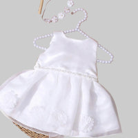 Lara Elegant Infant Dress set: white satin 2-piece with big bow, beaded headband, tulle overskirt, floral waist trim.
