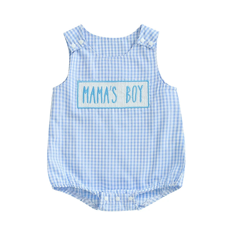 Blue gingham baby bubble romper with MAMA'S BOY embroidery and shoulder snaps.