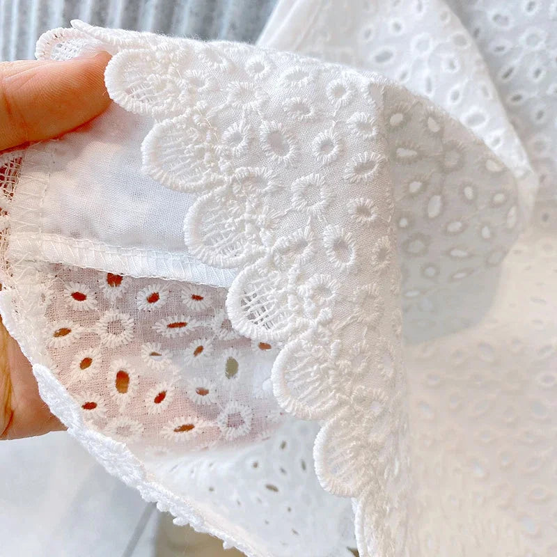 Summer and Lace 2 Piece Little Girls Skort and Top Set in Wentworth white with scalloped embroidered lace close-up