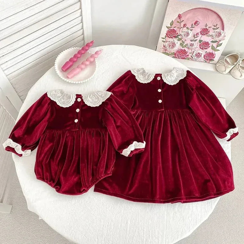 Smocked Sibling Outfits Deep Red Velvet Baby Dresses - The Palm Beach Baby