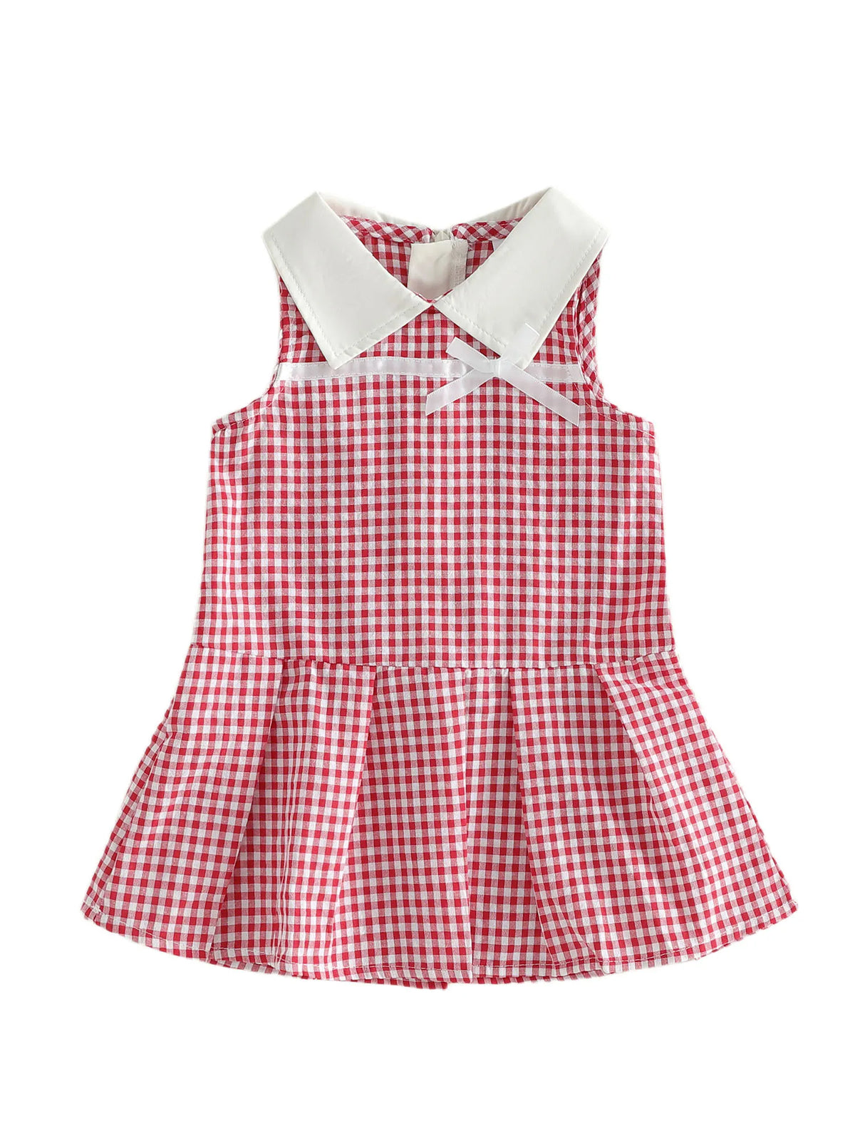 Red and white gingham Chelsea dress with white Peter Pan collar and bow accents, knee-length pleated skirt
