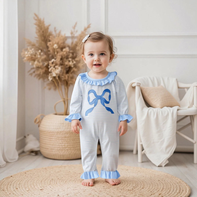 Little Bow Peep adorable long sleeve baby romper displayed on a child in a bright setting, emphasizing its cute blue accents and soft fabric.